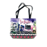 Hollywood and Los Angeles purple Walk Of Fame with Los Angeles skyline Tote Bag Gallery Image