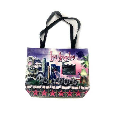 Hollywood and Los Angeles purple Walk Of Fame with Los Angeles skyline Tote Bag