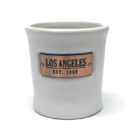 White ceramic Shot Glass With Gold Sign Los Angeles Est. 1850